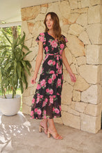 Load image into Gallery viewer, Rosetta Black/Pink Rose Print Chiffon Tiered Midi Evening Dress