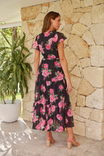 Load image into Gallery viewer, Rosetta Black/Pink Rose Print Chiffon Tiered Midi Evening Dress