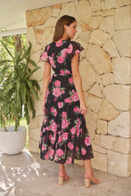 Load image into Gallery viewer, Rosetta Black/Pink Rose Print Chiffon Tiered Midi Evening Dress