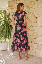 Load image into Gallery viewer, Rosetta Black/Pink Rose Print Chiffon Tiered Midi Evening Dress