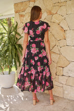 Load image into Gallery viewer, Rosetta Black/Pink Rose Print Chiffon Tiered Midi Evening Dress