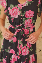 Load image into Gallery viewer, Rosetta Black/Pink Rose Print Chiffon Tiered Midi Evening Dress