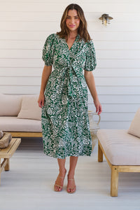 Effie Green/White Floral Tie Waist Dress