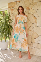 Load image into Gallery viewer, Malena Off Shoulder Cream/Aqua/Tan Floral Print Evening Dress