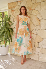Load image into Gallery viewer, Malena Off Shoulder Cream/Aqua/Tan Floral Print Evening Dress