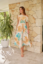 Load image into Gallery viewer, Malena Off Shoulder Cream/Aqua/Tan Floral Print Evening Dress