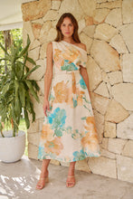 Load image into Gallery viewer, Malena Off Shoulder Cream/Aqua/Tan Floral Print Evening Dress