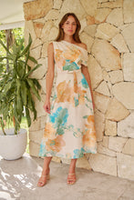 Load image into Gallery viewer, Malena Off Shoulder Cream/Aqua/Tan Floral Print Evening Dress