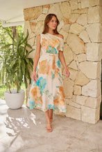 Load image into Gallery viewer, Malena Off Shoulder Cream/Aqua/Tan Floral Print Evening Dress