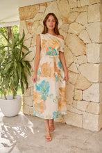Load image into Gallery viewer, Malena Off Shoulder Cream/Aqua/Tan Floral Print Evening Dress