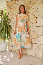 Load image into Gallery viewer, Malena Off Shoulder Cream/Aqua/Tan Floral Print Evening Dress