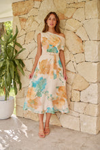 Load image into Gallery viewer, Malena Off Shoulder Cream/Aqua/Tan Floral Print Evening Dress