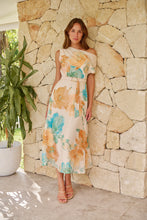 Load image into Gallery viewer, Malena Off Shoulder Cream/Aqua/Tan Floral Print Evening Dress