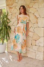 Load image into Gallery viewer, Malena Off Shoulder Cream/Aqua/Tan Floral Print Evening Dress