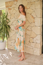 Load image into Gallery viewer, Malena Off Shoulder Cream/Aqua/Tan Floral Print Evening Dress