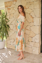 Load image into Gallery viewer, Malena Off Shoulder Cream/Aqua/Tan Floral Print Evening Dress