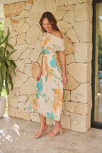 Load image into Gallery viewer, Malena Off Shoulder Cream/Aqua/Tan Floral Print Evening Dress