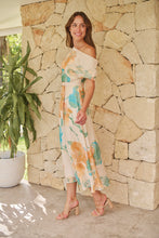 Load image into Gallery viewer, Malena Off Shoulder Cream/Aqua/Tan Floral Print Evening Dress