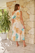 Load image into Gallery viewer, Malena Off Shoulder Cream/Aqua/Tan Floral Print Evening Dress