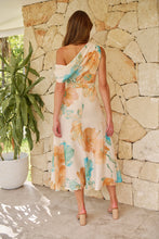 Load image into Gallery viewer, Malena Off Shoulder Cream/Aqua/Tan Floral Print Evening Dress