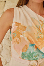 Load image into Gallery viewer, Malena Off Shoulder Cream/Aqua/Tan Floral Print Evening Dress