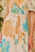 Load image into Gallery viewer, Malena Off Shoulder Cream/Aqua/Tan Floral Print Evening Dress