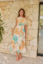 Load image into Gallery viewer, Malena Off Shoulder Cream/Aqua/Tan Floral Print Evening Dress