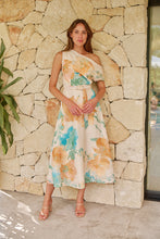 Load image into Gallery viewer, Malena Off Shoulder Cream/Aqua/Tan Floral Print Evening Dress