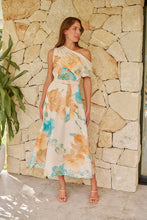 Load image into Gallery viewer, Malena Off Shoulder Cream/Aqua/Tan Floral Print Evening Dress
