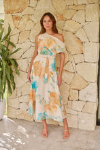 Load image into Gallery viewer, Malena Off Shoulder Cream/Aqua/Tan Floral Print Evening Dress