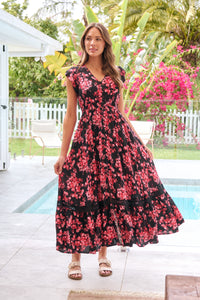 Augustina Black/Pink/Red Floral Button Front Maxi Dress