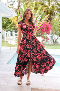 Augustina Black/Pink/Red Floral Button Front Maxi Dress