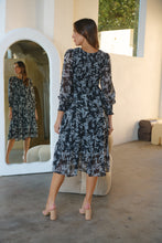 Load image into Gallery viewer, Sammy Black White Floral Print Chiffon Shirred Midi Dress