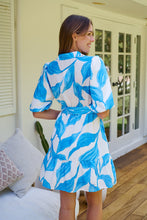 Load image into Gallery viewer, Milana Blue/ White Bell Sleeve Tie Waist Dress