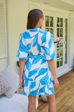 Load image into Gallery viewer, Milana Blue/ White Bell Sleeve Tie Waist Dress