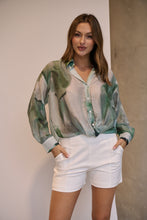 Load image into Gallery viewer, Telena Crossover Green/White Print Collared Shirt