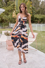 Load image into Gallery viewer, Isha Black/Orange Print Singlet Tie Front Dress