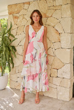 Load image into Gallery viewer, Lissy Plunge Neck Bead Front White/Pink Floral Print Frill Evening Dress