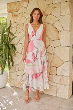 Load image into Gallery viewer, Lissy Plunge Neck Bead Front White/Pink Floral Print Frill Evening Dress