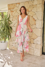 Load image into Gallery viewer, Lissy Plunge Neck Bead Front White/Pink Floral Print Frill Evening Dress