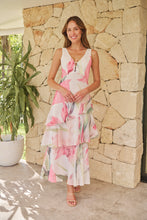 Load image into Gallery viewer, Lissy Plunge Neck Bead Front White/Pink Floral Print Frill Evening Dress