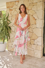 Load image into Gallery viewer, Lissy Plunge Neck Bead Front White/Pink Floral Print Frill Evening Dress