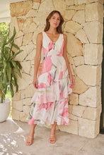 Load image into Gallery viewer, Lissy Plunge Neck Bead Front White/Pink Floral Print Frill Evening Dress