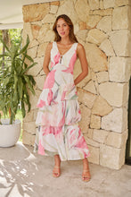 Load image into Gallery viewer, Lissy Plunge Neck Bead Front White/Pink Floral Print Frill Evening Dress