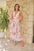 Load image into Gallery viewer, Lissy Plunge Neck Bead Front White/Pink Floral Print Frill Evening Dress