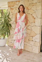 Load image into Gallery viewer, Lissy Plunge Neck Bead Front White/Pink Floral Print Frill Evening Dress