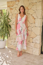 Load image into Gallery viewer, Lissy Plunge Neck Bead Front White/Pink Floral Print Frill Evening Dress