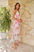 Load image into Gallery viewer, Lissy Plunge Neck Bead Front White/Pink Floral Print Frill Evening Dress