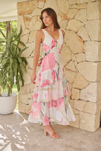 Load image into Gallery viewer, Lissy Plunge Neck Bead Front White/Pink Floral Print Frill Evening Dress