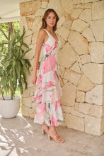 Load image into Gallery viewer, Lissy Plunge Neck Bead Front White/Pink Floral Print Frill Evening Dress